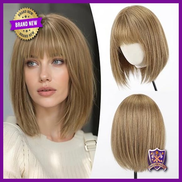 Shoulder Length Layered Bob Human Hair Wig with Bangs Breathable Cap main image 2